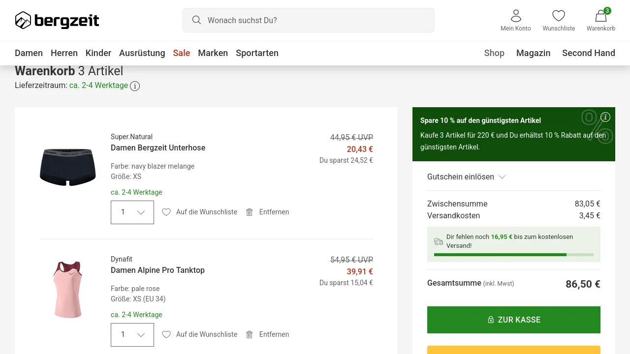 Checkout screenshot: code OUTDOOR15 tested at bergzeit.de