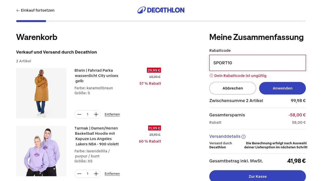 Checkout screenshot: code SPORT10 tested at decathlon.de