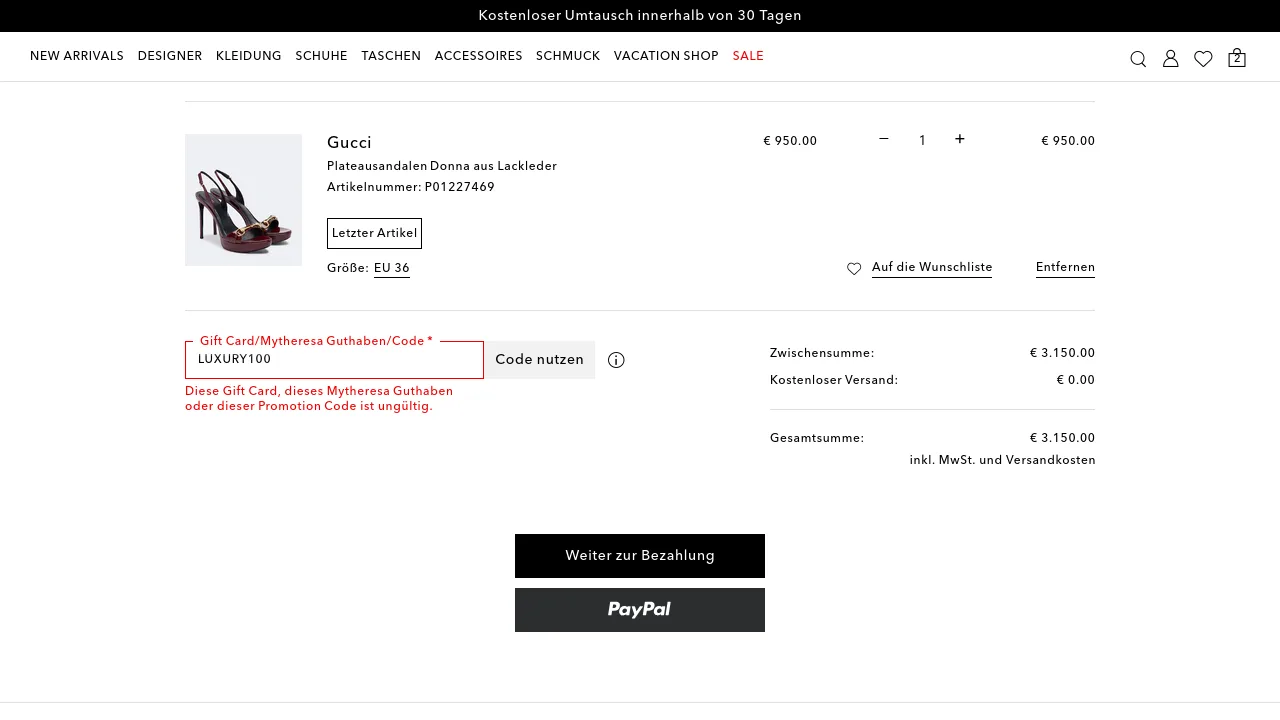Checkout screenshot: code LUXURY100 tested at mytheresa.com